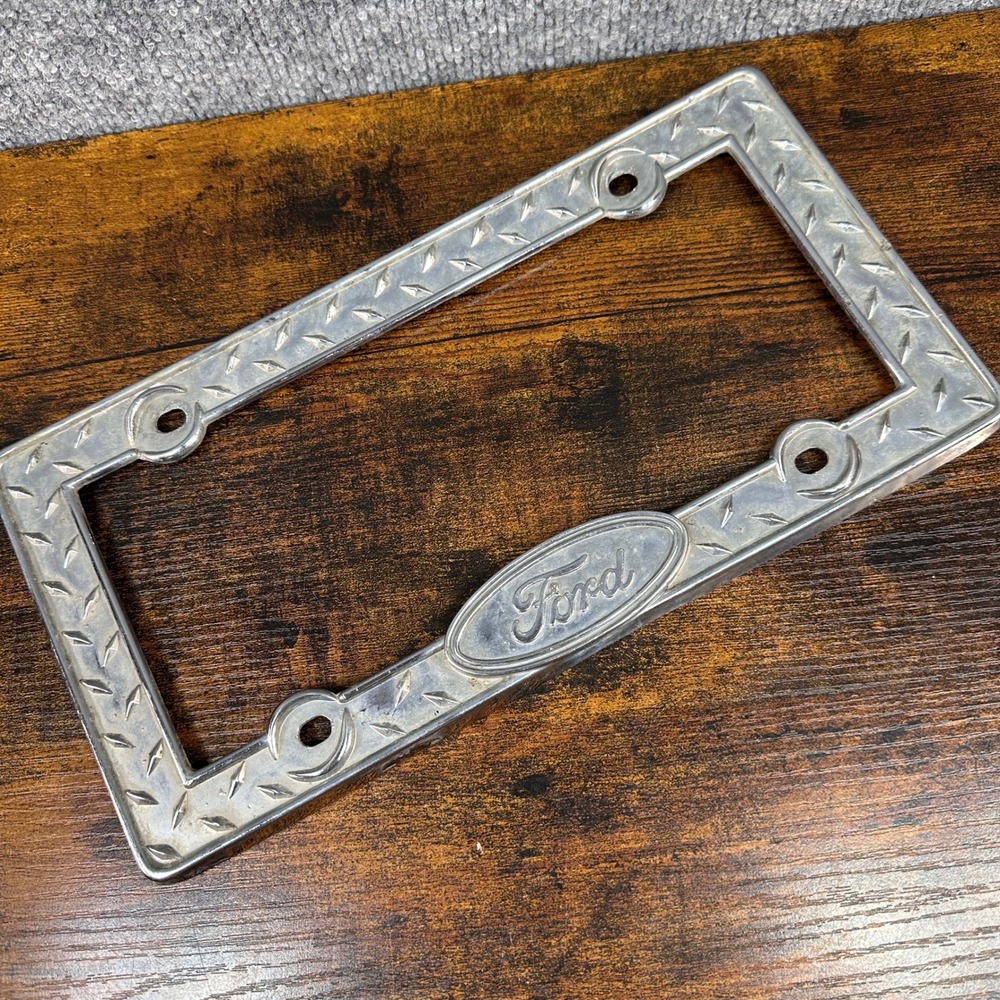 VTG Y2K License Plate Frame Ford Diamond Plate Metal Chroma Graphics Truck RARE